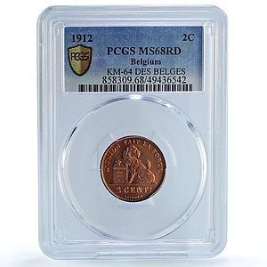 Belgium 2 cents Albert I Coinage Lion Arms French Legend MS68 PCGS Cu coin 1912