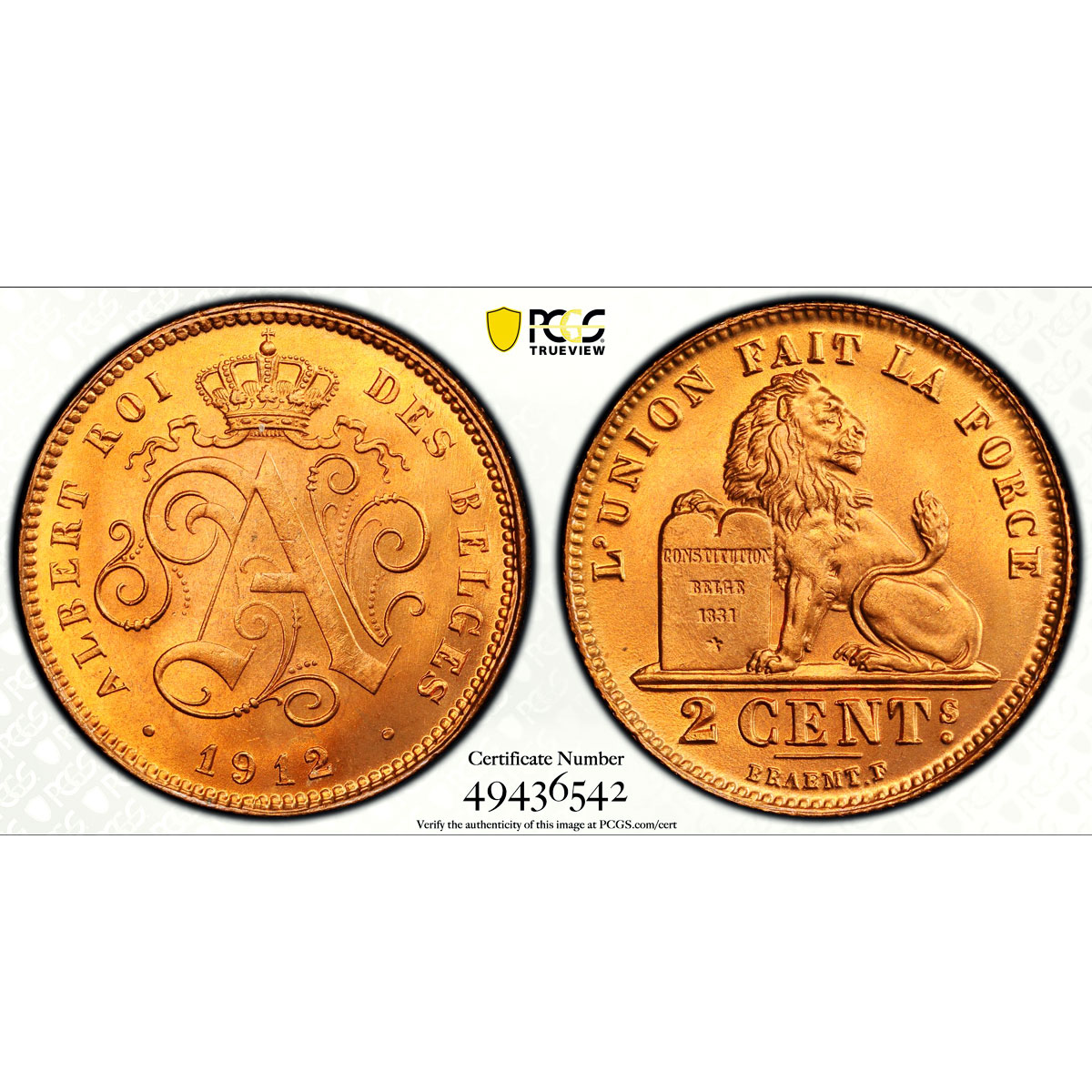 Belgium 2 cents Albert I Coinage Lion Arms French Legend MS68 PCGS Cu coin 1912