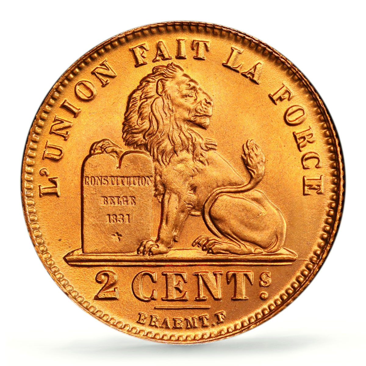 Belgium 2 cents Albert I Coinage Lion Arms French Legend MS68 PCGS Cu coin 1912