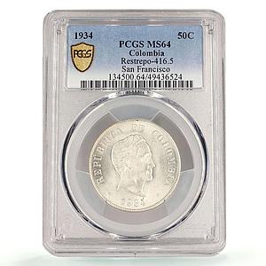 Colombia 50 centavos Republic Coinage Bolivar KM-274 MS64 PCGS silver coin 1934