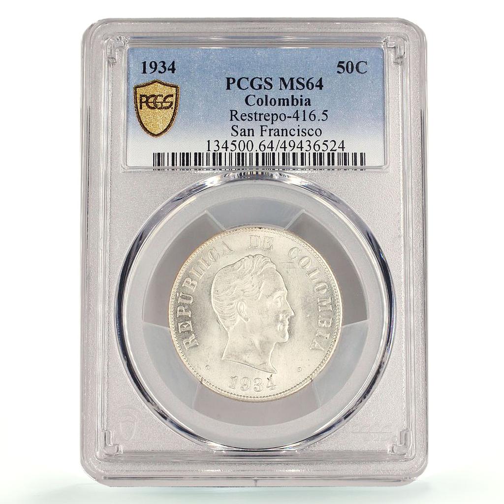 Colombia 50 centavos Republic Coinage Bolivar KM-274 MS64 PCGS silver coin 1934