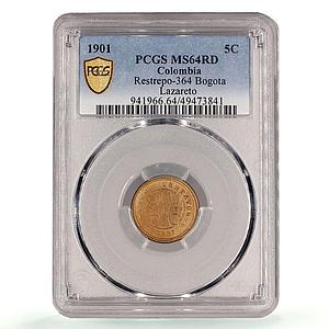 Colombia 5 centavos Leprosarium Coinage Lazareto KM-L2 MS64 PCGS brass coin 1901