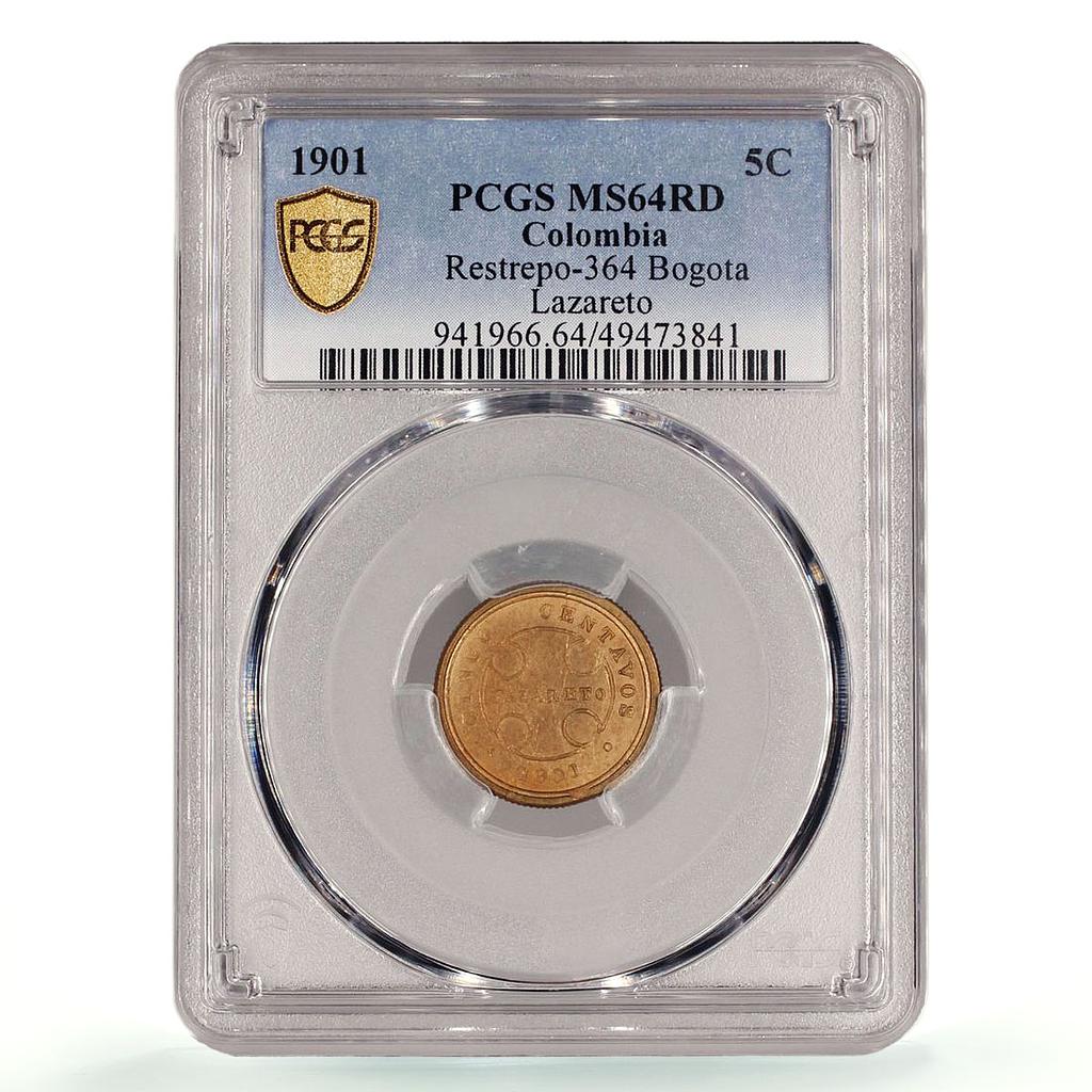 Colombia 5 centavos Leprosarium Coinage Lazareto KM-L2 MS64 PCGS brass coin 1901