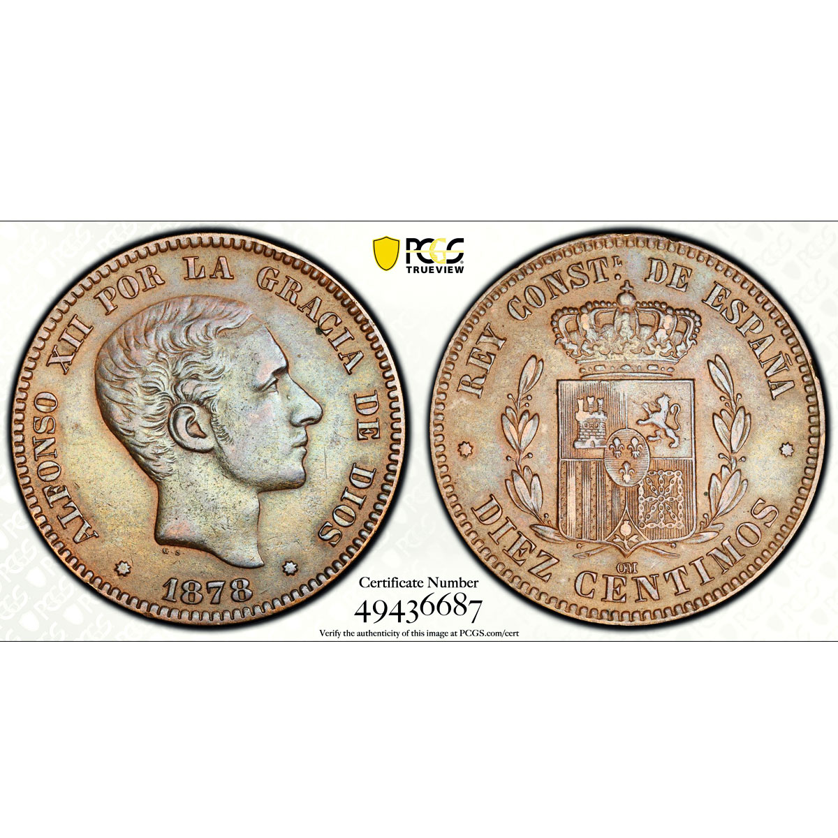 Spain 10 centimos King Alfonso XII Coinage OM KM-675 AU50 PCGS bronze coin 1878