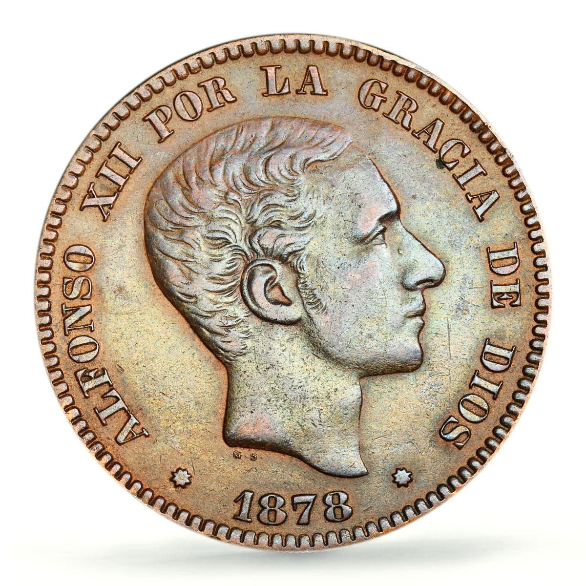Spain 10 centimos King Alfonso XII Coinage OM KM-675 AU50 PCGS bronze coin 1878