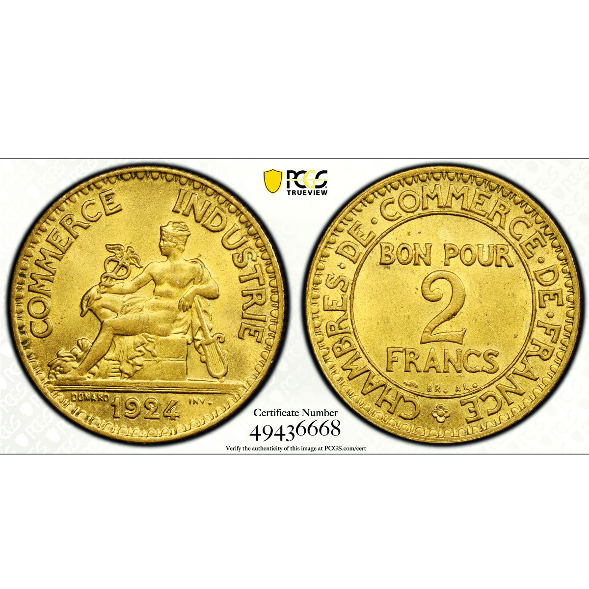 France 2 francs Mercury Commerce Chambers Coinage MS64 PCGS CuAl coin 1924