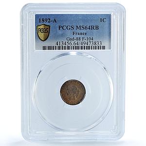 France 1 centime Republic Coinage Laureate Head KM-826 MS64 PCGS coin 1892