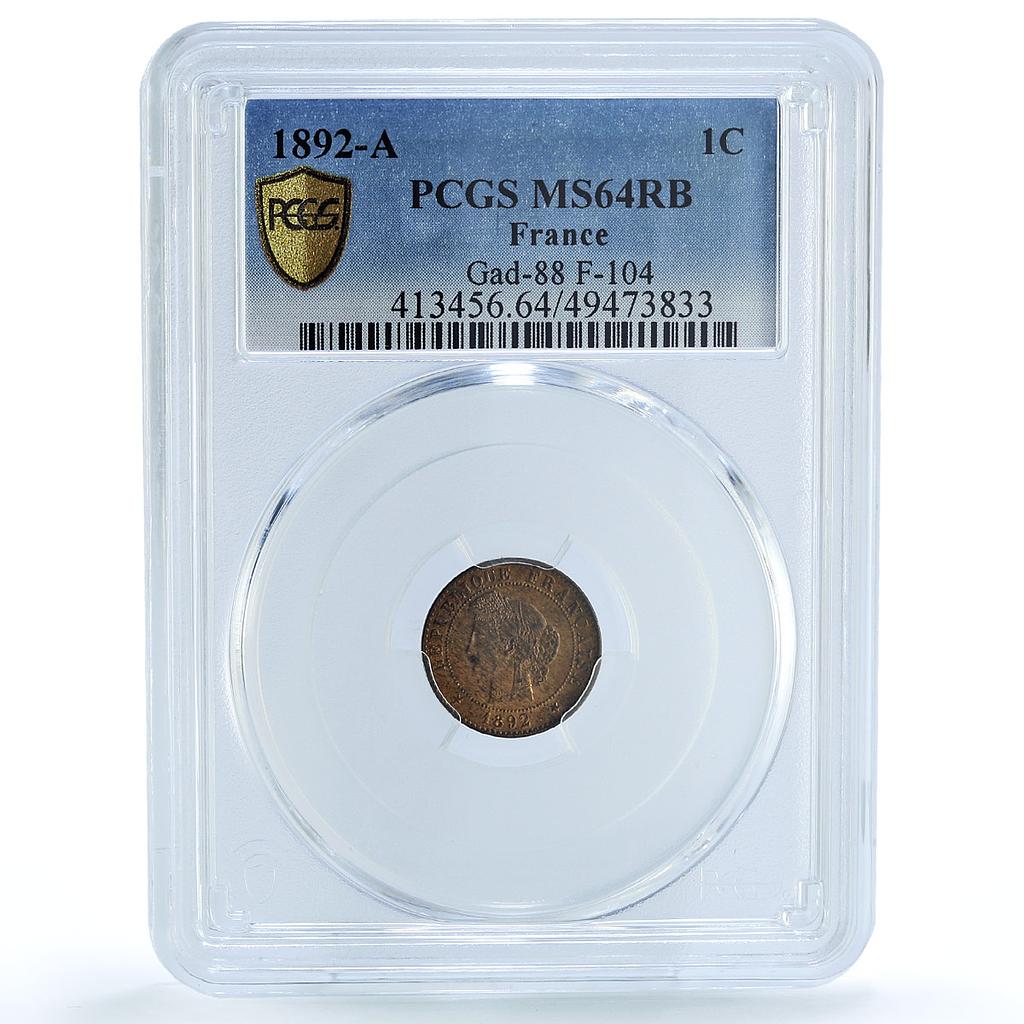France 1 centime Republic Coinage Laureate Head KM-826 MS64 PCGS coin 1892