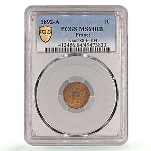 France 1 centime Republic Coinage Laureate Head KM-826 MS64 PCGS coin 1892