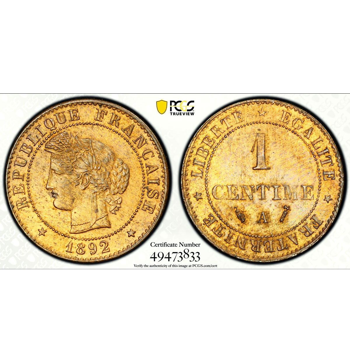 France 1 centime Republic Coinage Laureate Head KM-826 MS64 PCGS coin 1892