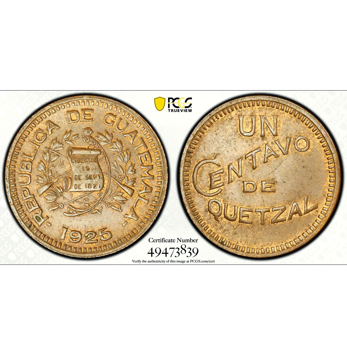 Guatemala 1 centavo Regular Coinage KM-237a MS62 PCGS bronze coin 1925