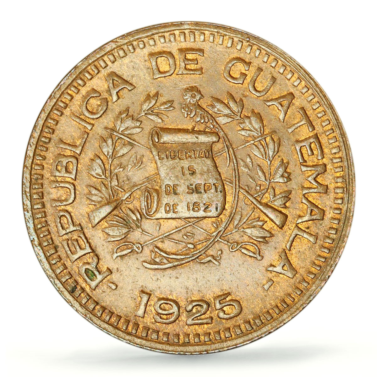 Guatemala 1 centavo Regular Coinage KM-237a MS62 PCGS bronze coin 1925