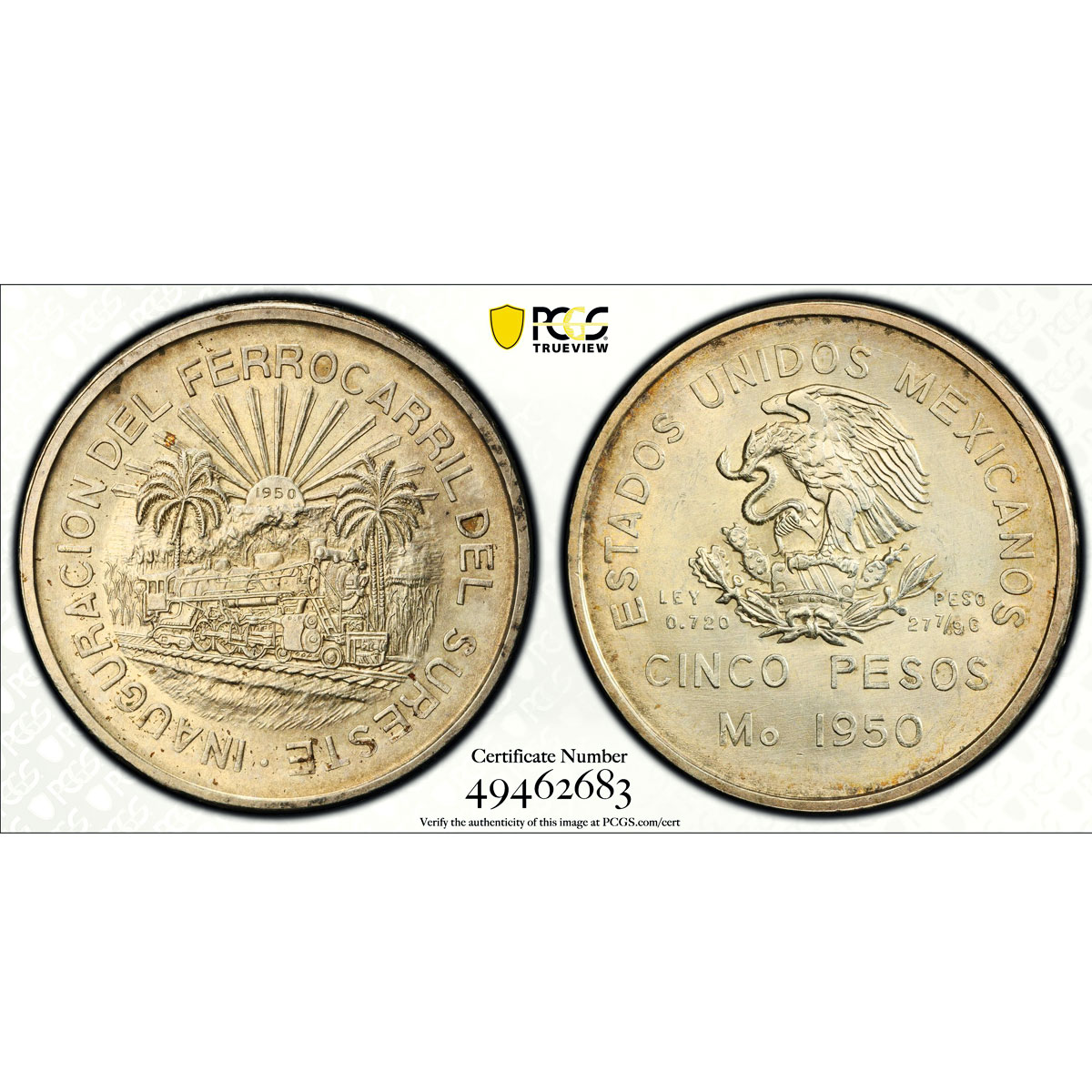 Mexico 5 pesos Southeastern Railroad Opening Train MS62 PCGS silver coin 1950