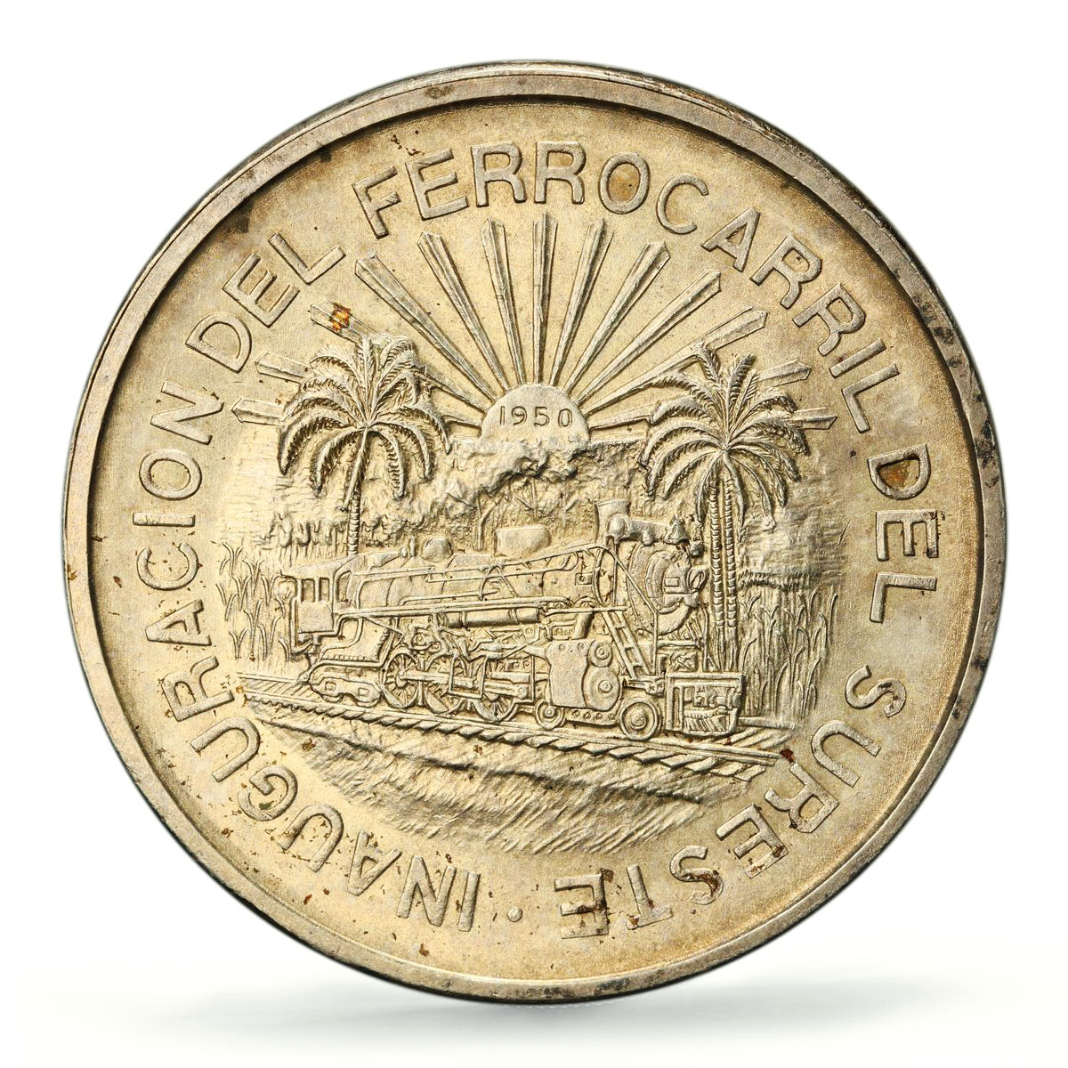 Mexico 5 pesos Southeastern Railroad Opening Train MS62 PCGS silver coin 1950