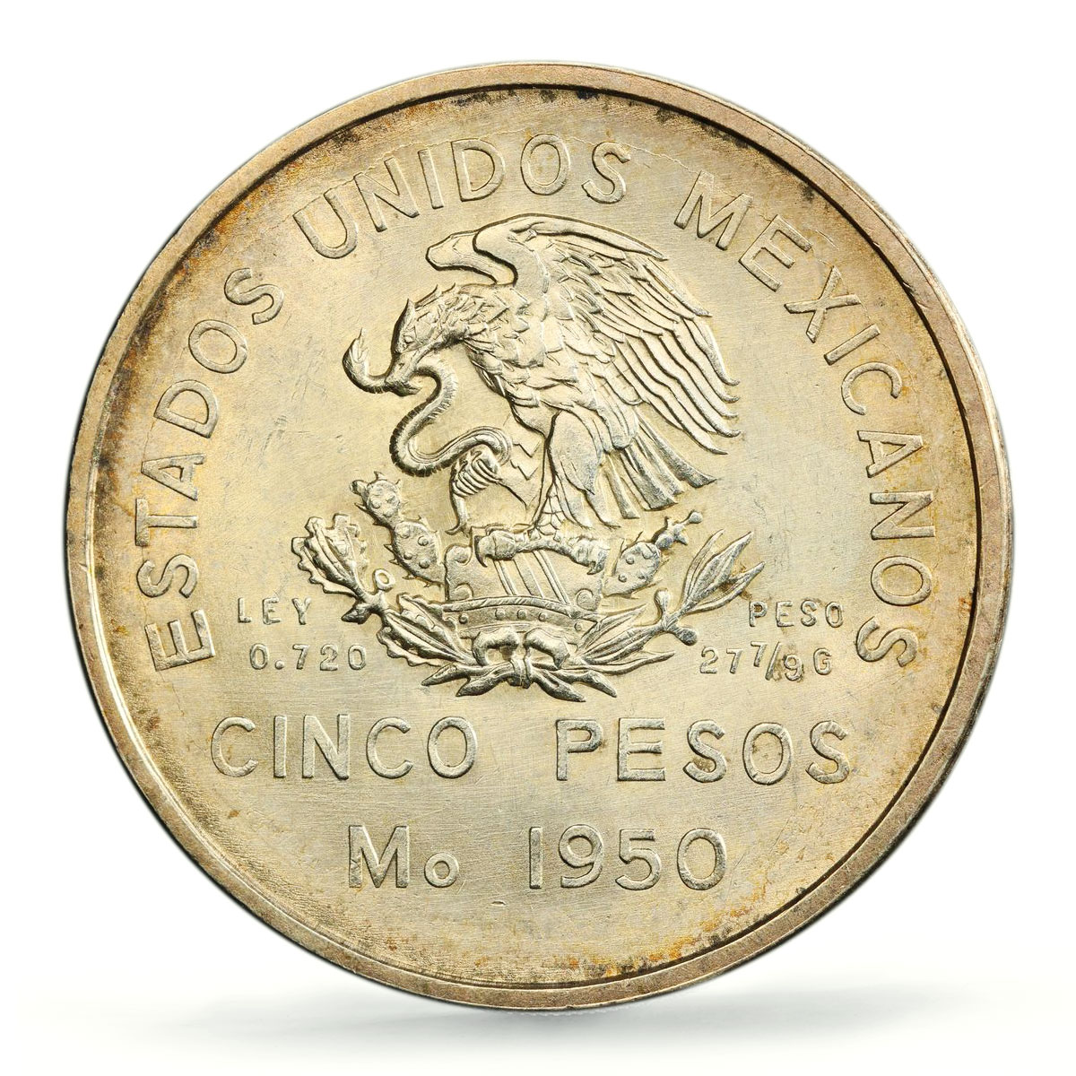 Mexico 5 pesos Southeastern Railroad Opening Train MS62 PCGS silver coin 1950