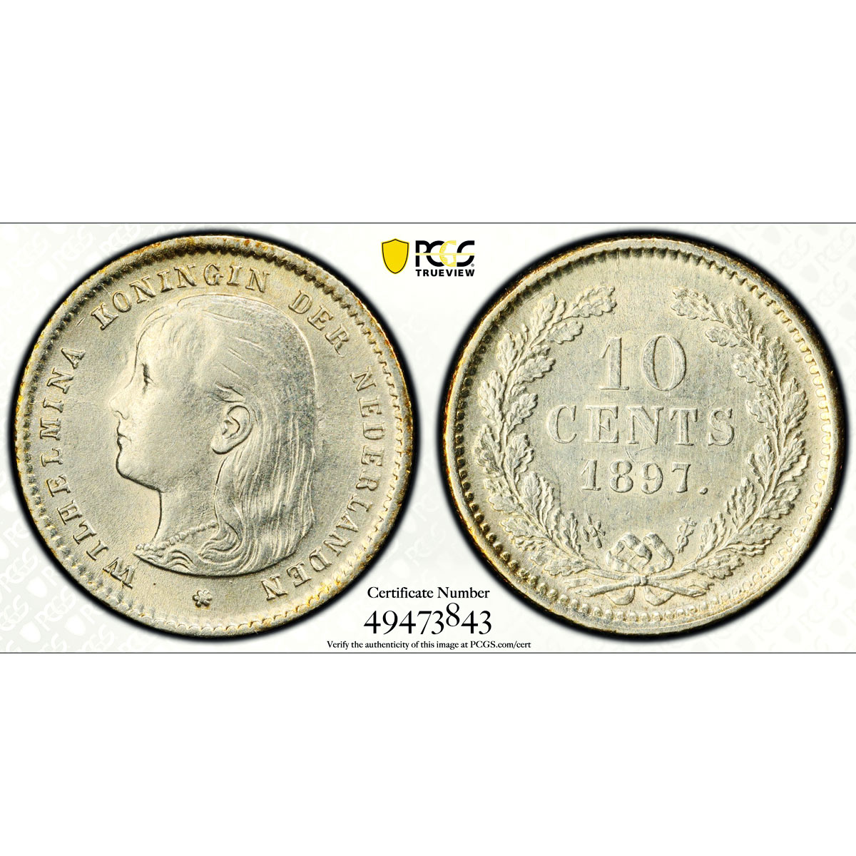 Netherlands 10 cents Regular Coinage Child Wilhelmina MS62 PCGS silver coin 1897