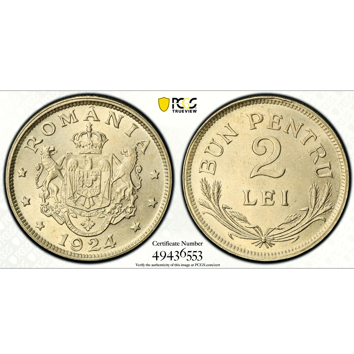 Romania 2 lei Ferdinand I Coinage Brussels Mint KM-47 MS65 PCGS CuNi coin 1924