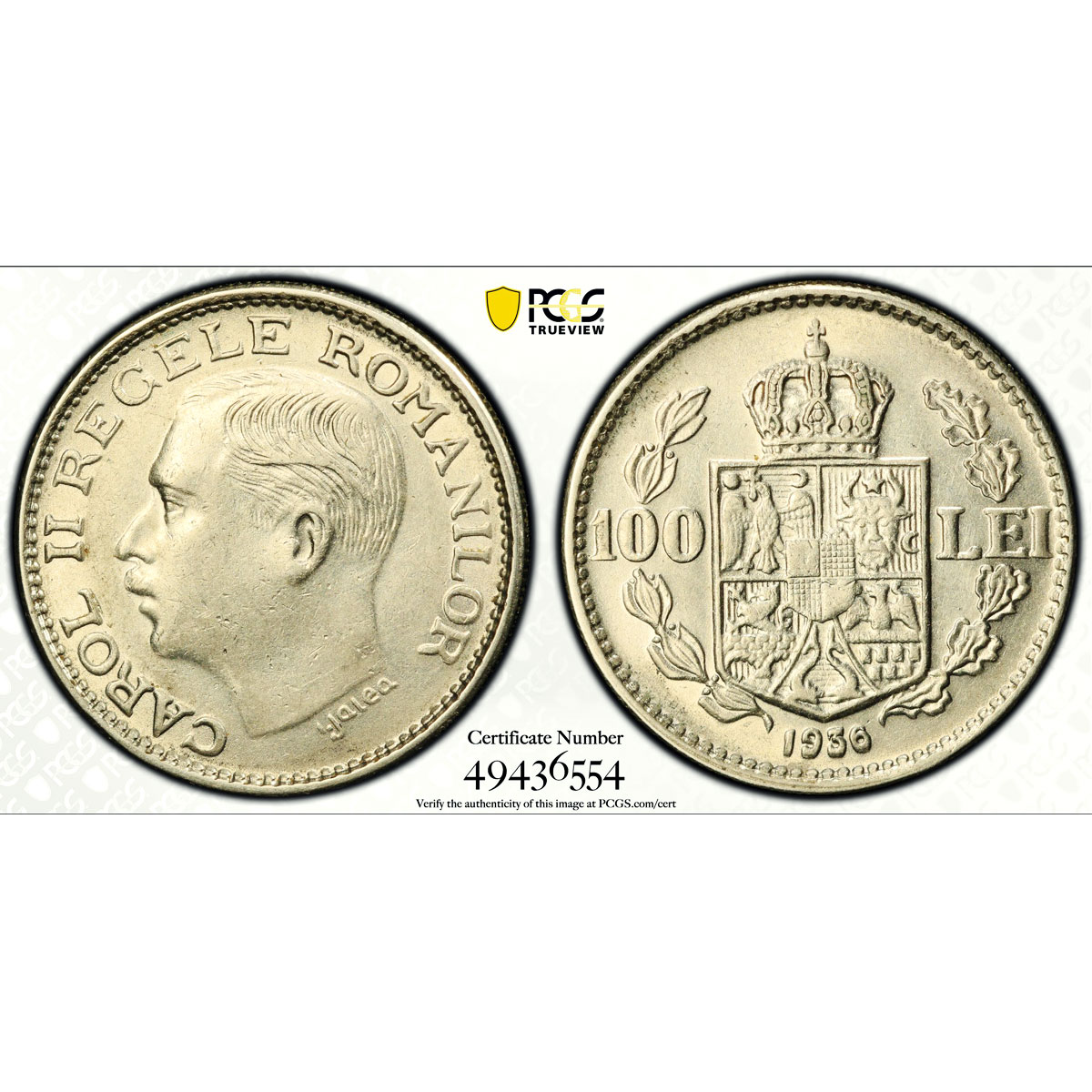 Romania 100 lei King Carol II Coinage KM-54 AU58 PCGS nickel coin 1936