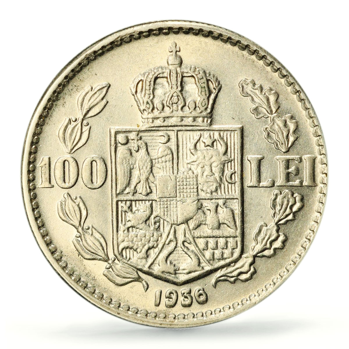 Romania 100 lei King Carol II Coinage KM-54 AU58 PCGS nickel coin 1936