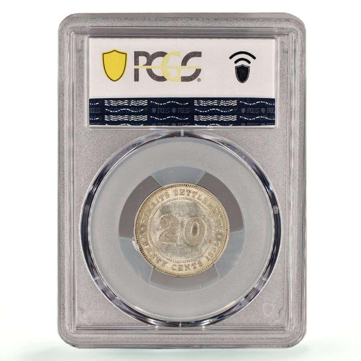 Straits Settlements 20 cents George V Round Top 3 KM-35b AU58 PCGS Ag coin 1935
