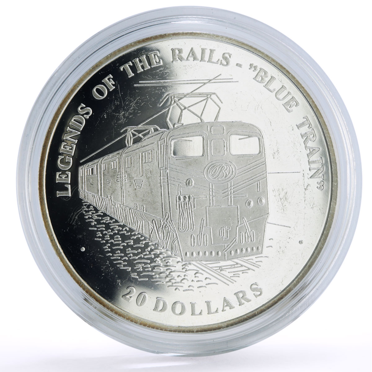 Liberia 20 dollars Railways Railroads Trains Blue Train proof silver coin 2003