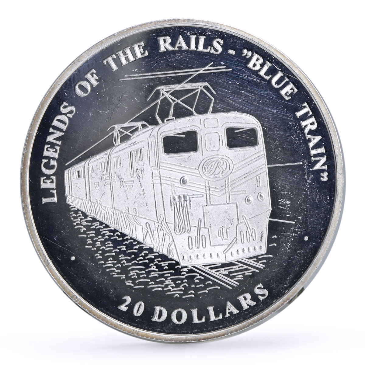 Liberia 20 dollars Railways Railroads Trains Blue Train proof silver coin 2003