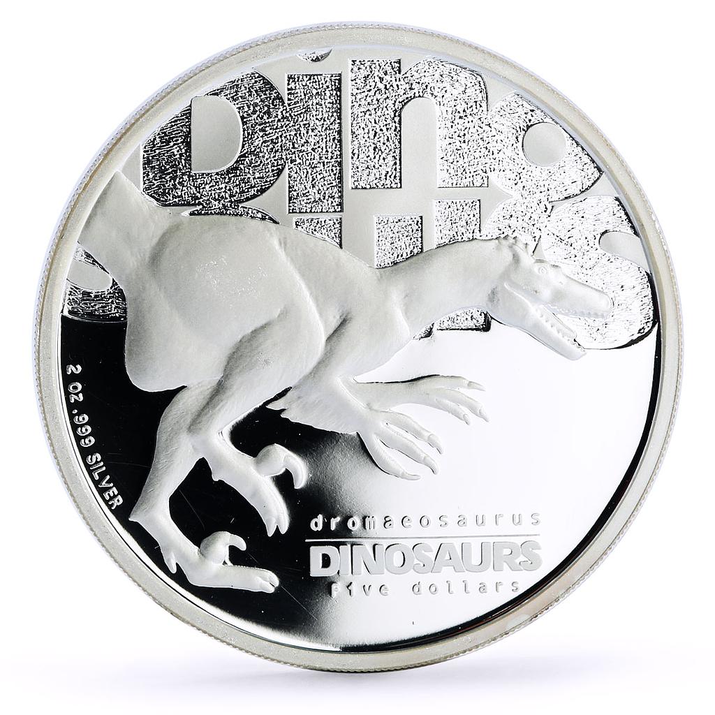 Tuvalu 5 dollars Prehistoric Fauna Dromaeosaurus Dinosaur proof silver coin 2002