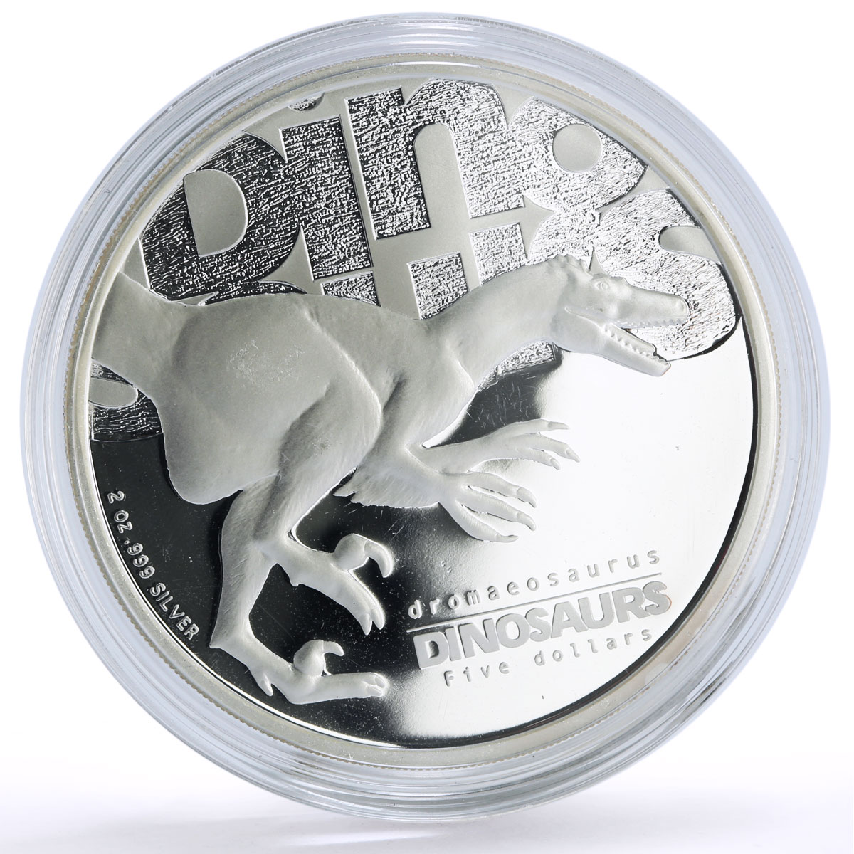 Tuvalu 5 dollars Prehistoric Fauna Dromaeosaurus Dinosaur proof silver coin 2002