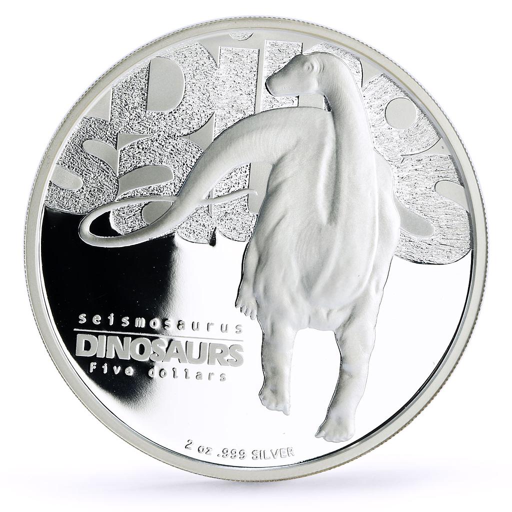 Tuvalu 5 dollars Prehistoric Fauna Seismosaurus Dinosaur proof silver coin 2002