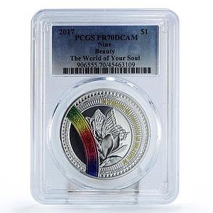 Niue 1 dollar Your Soul World Beauty Butterfly Flower PR70 PCGS silver coin 2017