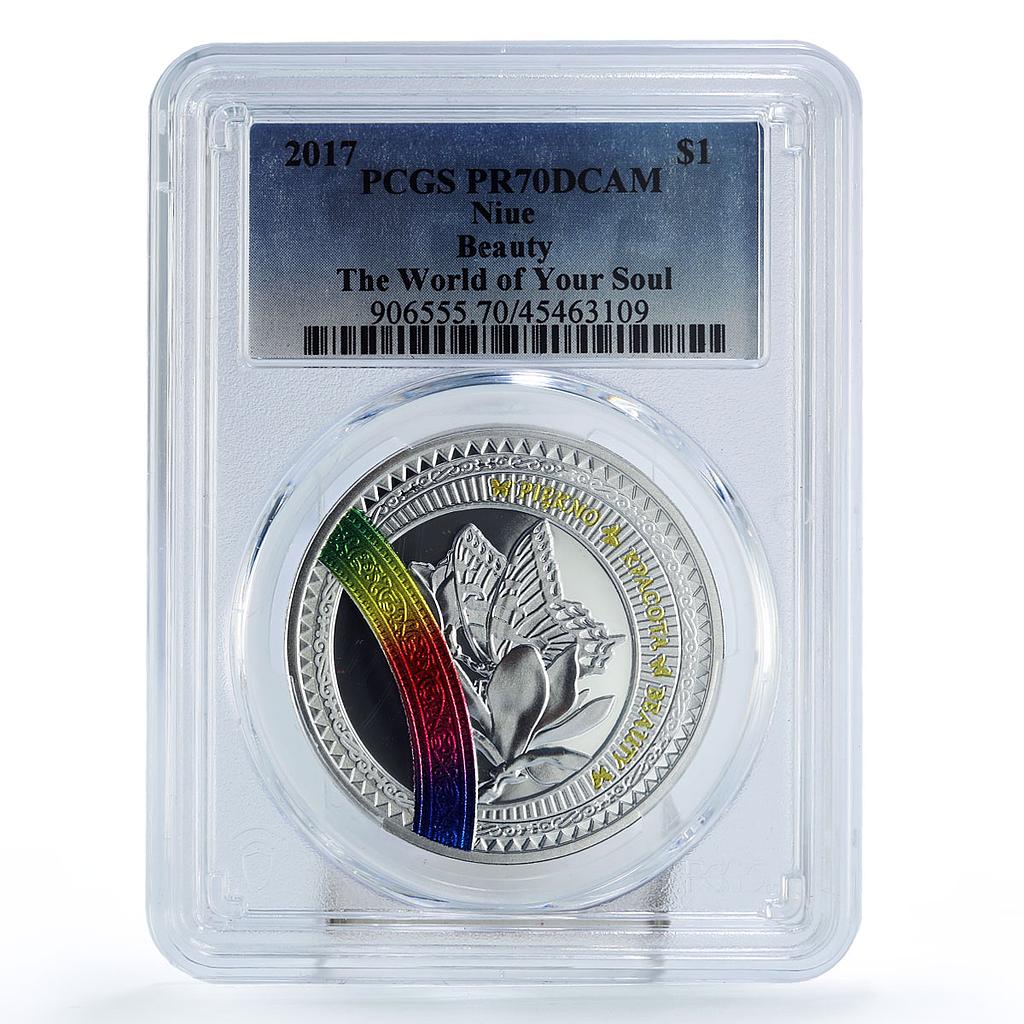 Niue 1 dollar Your Soul World Beauty Butterfly Flower PR70 PCGS silver coin 2017