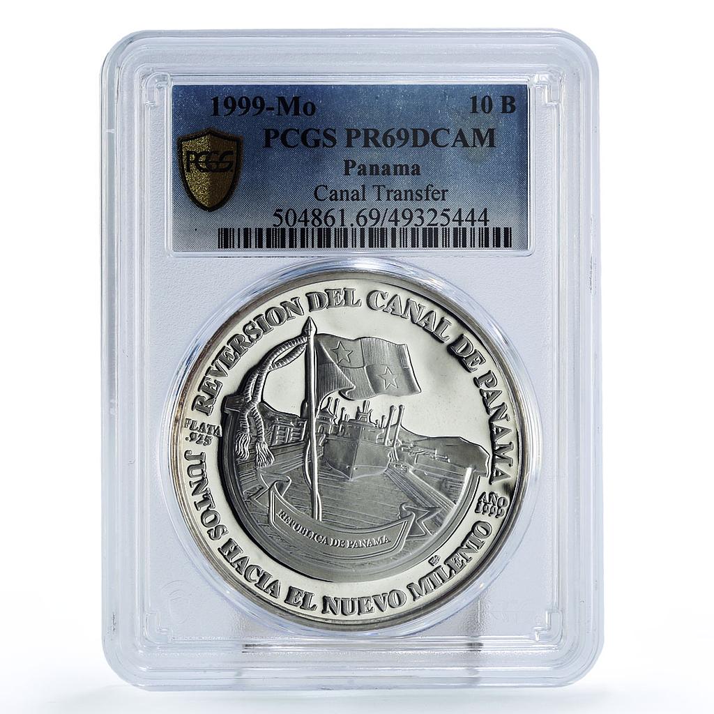 Panama 10 balboas Canal Transfer Mireya Moscoso Ship PR69 PCGS silver coin 1999