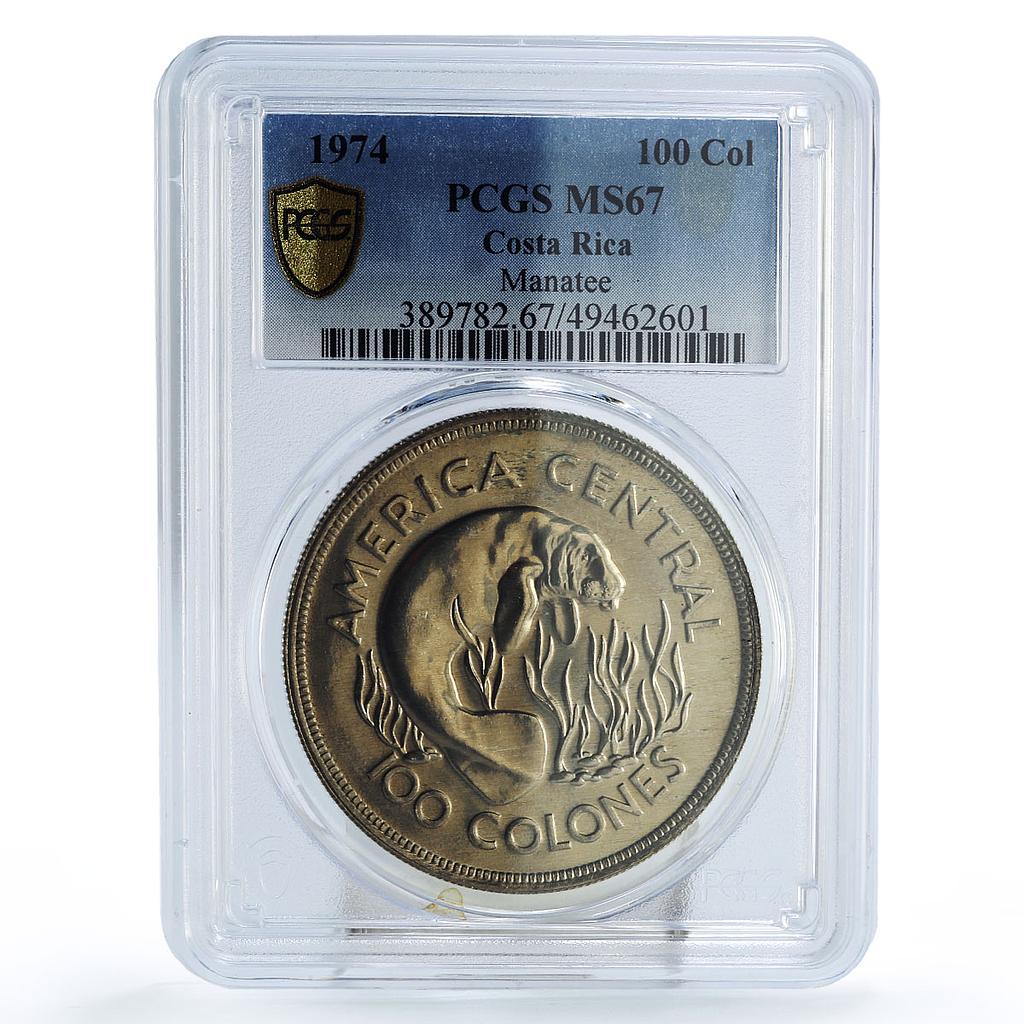 Costa Rica 100 colones Conservation Manatee Fauna MS67 PCGS silver coin 1974