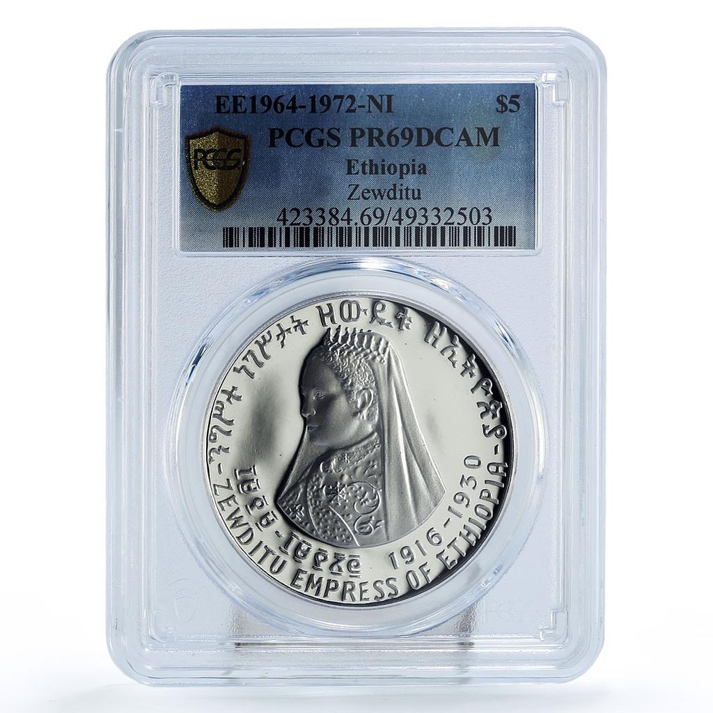 Ethiopia 5 dollars Empress Zewditu Zauditu Politics PR69 PCGS silver coin 1972