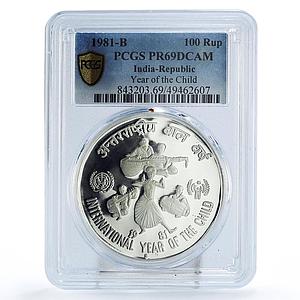 India 100 rupees UNICEF Save the Children Child Year PR69 PCGS silver coin 1981