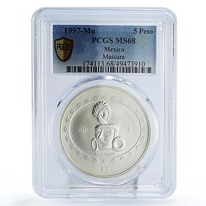 Mexico 5 pesos Precolombina Mascara Sculpture Statue MS68 PCGS silver coin 1997