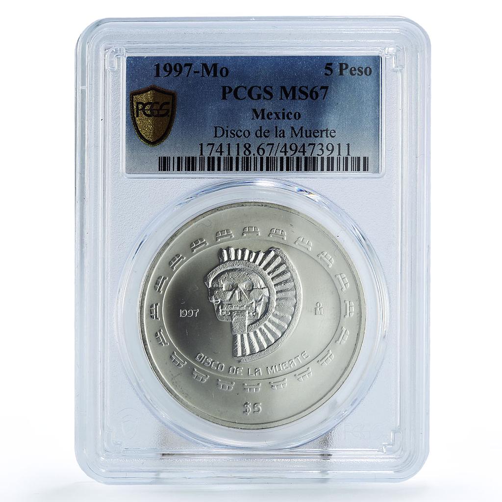 Mexico 5 pesos Precolombina Disco Muerte Death Disc MS67 PCGS silver coin 1997