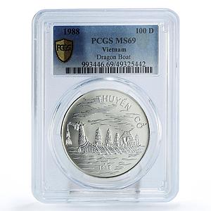 Vietnam 100 dong Seafaring Dragon Boat Ship Large MS69 PCGS silver coin 1988