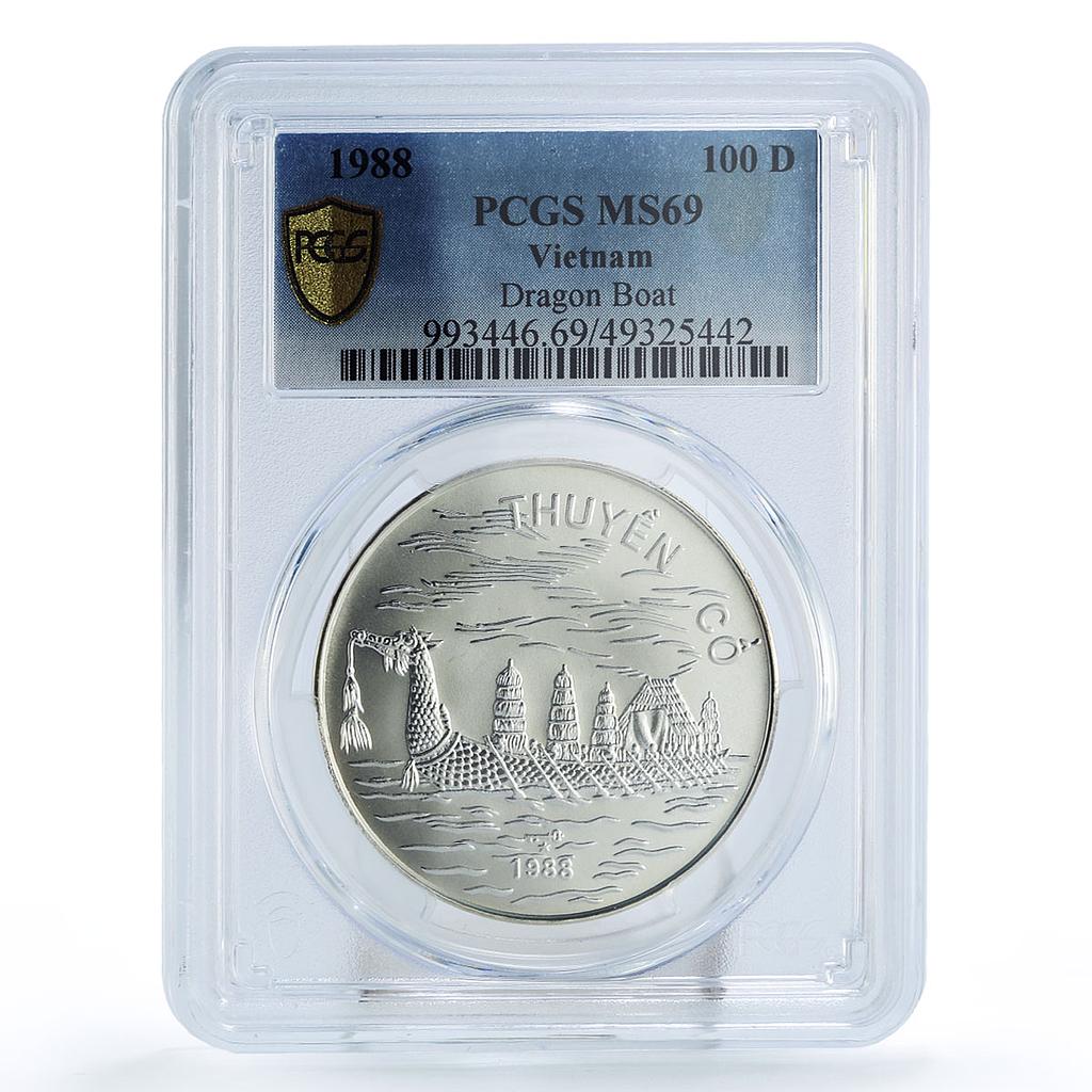 Vietnam 100 dong Seafaring Dragon Boat Ship Large MS69 PCGS silver coin 1988
