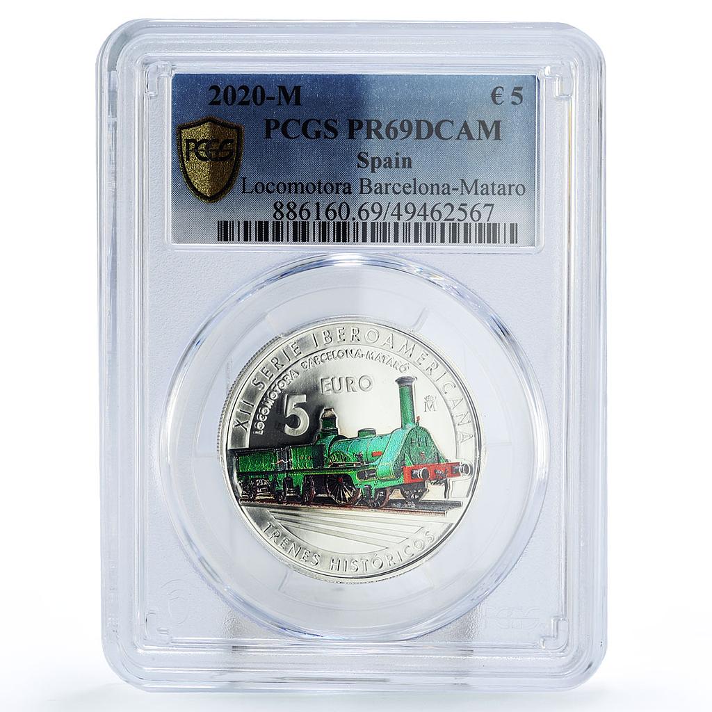 Spain 5 euro Ibero-American Railways Barcelona Mataro Train PR69 PCGS coin 2020