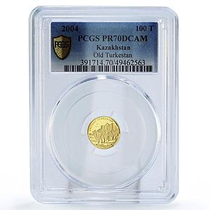 Kazakhstan 100 tenge Turkestan Transportation Camels PR70 PCGS gold coin 2004