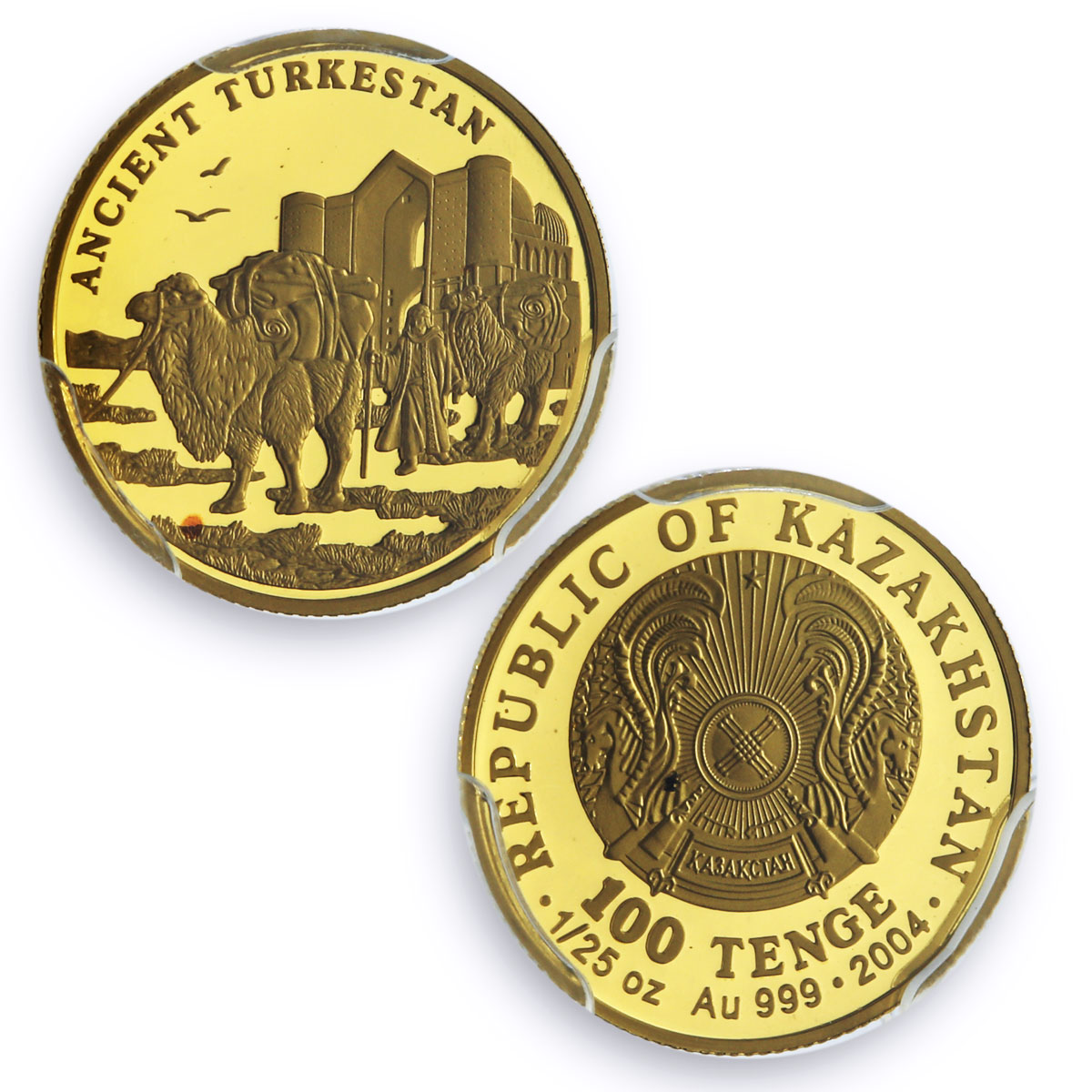 Kazakhstan 100 tenge Turkestan Transportation Camels PR70 PCGS gold coin 2004
