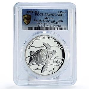 Mexico 5 pesos Two Worlds Encounter Wildlife Turtle Fauna PR69 PCGS Ag coin 1994