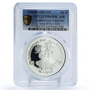 UAE 50 dirhams UNICEF Save the Children Child Year PR69 PCGS silver coin 1980