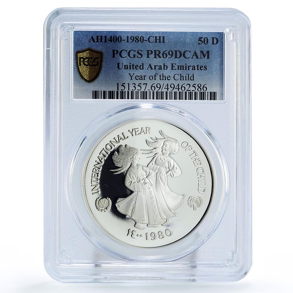 UAE 50 dirhams UNICEF Save the Children Child Year PR69 PCGS silver coin 1980