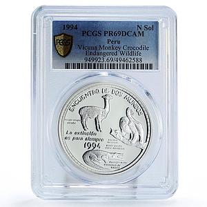 Peru sol Two Worlds Encounter Vicuna Monkey Crocodile PR69 PCGS silver coin 1994
