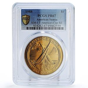 Samoa 1 dollar America Cup Yachting Sailboat Ship RE PR67 PCGS bronze coin 1988