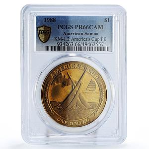 Samoa 1 dollar America Cup Yachting Sailboat Ship PE PR66 PCGS bronze coin 1988