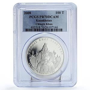 Kazakhstan 100 tenge Genghis Chinggis Chingiz Khan Horseman PR70 PCGS coin 2008