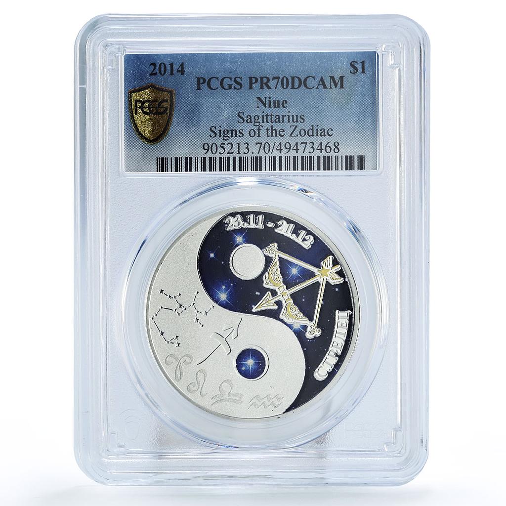 Niue 1 dollar Zodiac Signs Sagittarius PR70 PCGS colored silver coin 2014
